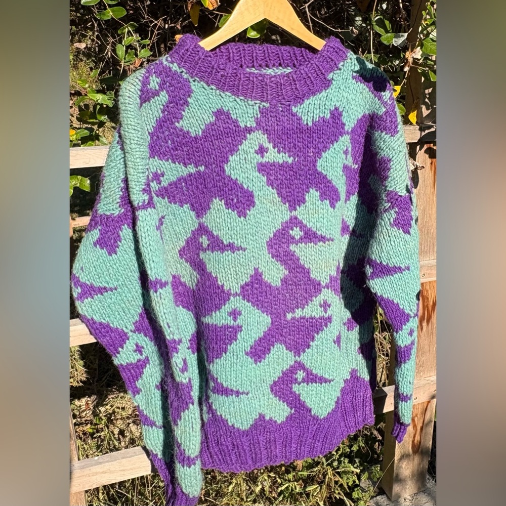 Oversized Chunky Cozy Purple/Turquoise Handmade Wool Women's Sweater Medium